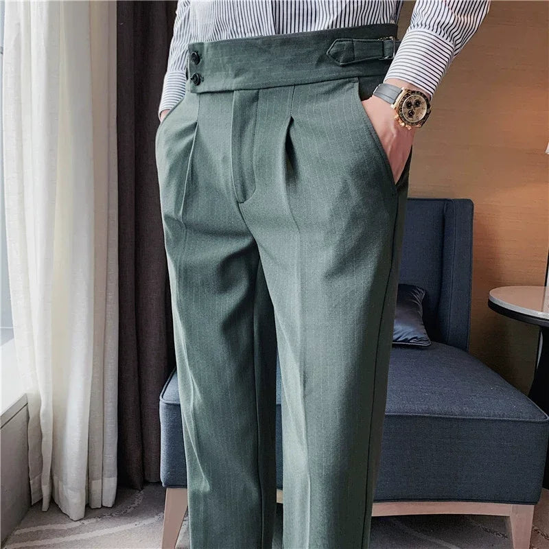 Men's Slim Fit High-Waist, Beltless Trousers- British Fall Style